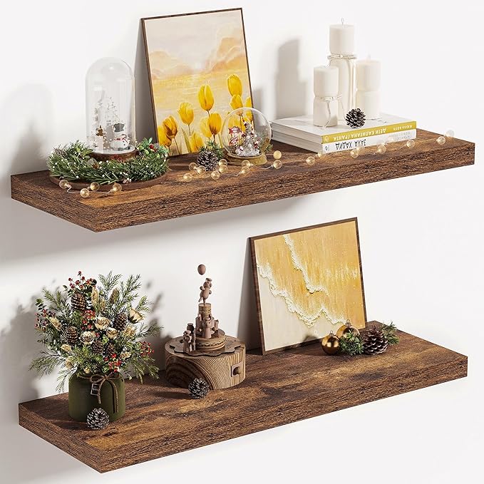 Vivelove 10 Inch Deep Floating Shelves 24 inch Long, 24 x 10 Wide Wall Shelves with Invisible Brackets, for Bedroom Bathroom Living Room Kitchen Office, Farmhouse Home Decor, Set of 2, Rustic Brown