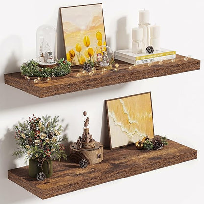 Vivelove 10 Inch Deep Floating Shelves 24 inch Long, 24 x 10 Wide Wall Shelves with Invisible Brackets, for Bedroom Bathroom Living Room Kitchen Office, Farmhouse Home Decor, Set of 2, Rustic Brown