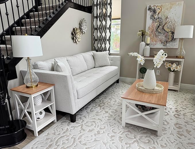 MAISON ARTS Farmhouse Coffee Table 39'', 2-Tier Coffee Table Set with Storage for Living Room, X-Frame Design Rustic Center Table, Easy Assembly, Ivory White