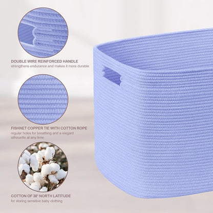 45L Small Baby Girls Laundry Basket for Nursery Storage,Cute Woven cotton Rope Baskets for Kids Toy，Gifts, Boho Square Wicker Blanket hamper for Living Room,Bedroom Dirty Clothes,Blue Purple