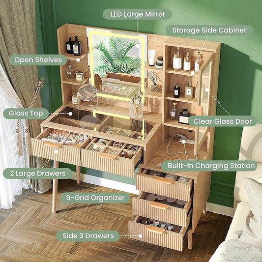 Fluted Makeup Vanity with Mirror and Lights,5 Drawers Glass Top Vanity Desk with Glass Door Cabinet,Power Outlet,6 Shelves,9-Grid Organizer,Lighting Adjustable Dressing Table,Natural Oak