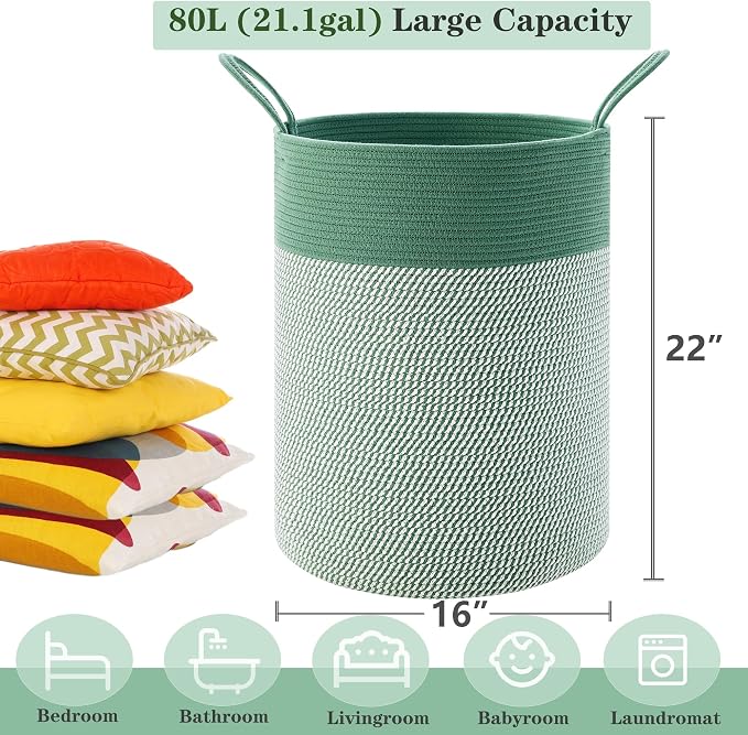 80L Extra Large Green Laundry Hamper Basket, Tall Woven Hamper for Bedroom, Cotton Rope Laundry Basket for Clothes, 16x22 Inches