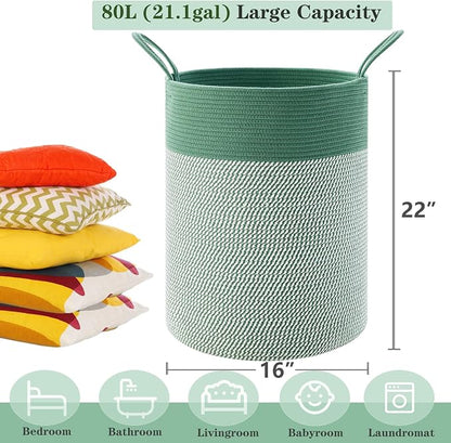 80L Extra Large Green Laundry Hamper Basket, Tall Woven Hamper for Bedroom, Cotton Rope Laundry Basket for Clothes, 16x22 Inches