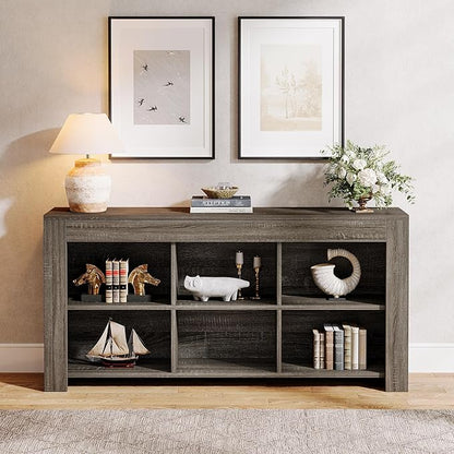 Tribesigns 63-Inch Long Sofa Console Table, Rustic Wood Entryway Table with 6 Storage Cubes for Living Room, Hallway, Behind Couch (Grey)