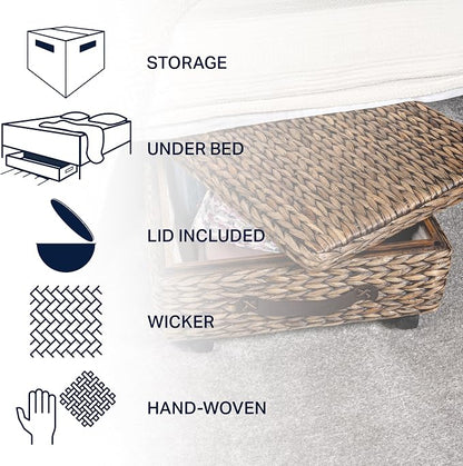 happimess BSK1006B 26.38" Chett Minimalist Hand-Woven Hyacinth/Wood Underbed Storage Bin with Wheels and Handles for Storage and Decoration in Bathroom, Bedroom,Closet,Entryway, Guest Room, Brown Wash