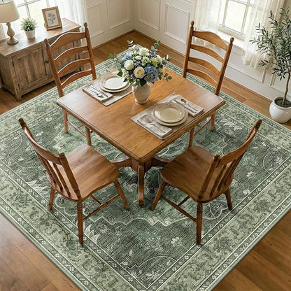 RELEANY Area Rugs Square 7ft Washable Non-Slip, Floral Vintage Distress Medallion Carpet for Living Room Bedroom Dining Room, Dark Green Gray