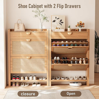Rattan Shoe Storage Cabinet, Shoe Organizer with 2 Flip Drawers, Narrow Shoe Cabinet, Free Standing Hidden Shoe Storage, Shoe Rack for Entryway/Hallway/Closet, Natural Oak