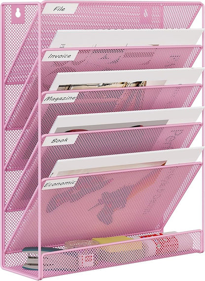 EasyPAG 5 Tier Wall File Holder, Mesh Hanging Folder Organizer with Classify Label, Versatile Desk File Holder, Vertical Wall Mounted Mail Organizer for Office Home Cubicle, Pink