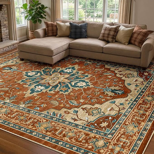 RELEANY Area Rugs 7'x9' Washable Non-Slip, Floral Vintage Distress Medallion Carpet for Living Room Bedroom Dining Room, Red Orange Blue Brown