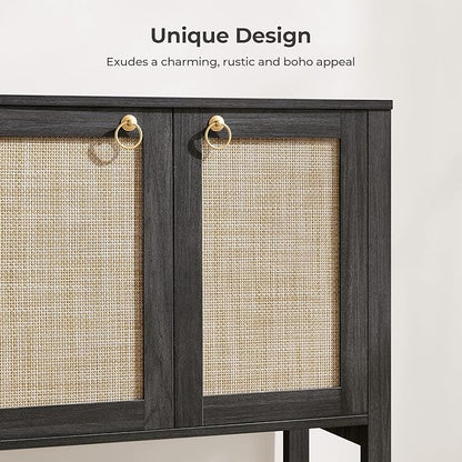 SICOTAS Rattan Sideboard Buffet Cabinet with Open Storage - Large Storage Cabinet with 4-Doors and Adjustable Shelves, Boho Credenza Coffee Bar Cabinets Buffet Table Console Table (2, Obsidian)