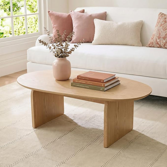 Honyee Oval Coffee Table, 47.2" Wood Coffee Table for Living Room, Modern Wooden Center Table with Solid Wood Veneer Legs, Sturdy Rounded Edge Design, Easy Assembly, Apartment Friendly, Natural