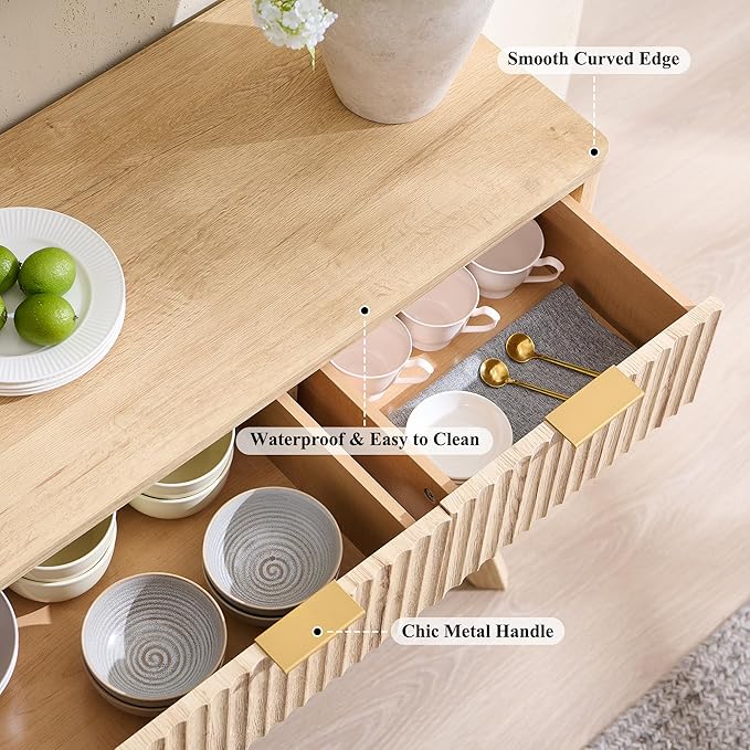 T4TREAM Large Buffet Sideboard Cabinet with Storages, 60" Fluted Modern Buffet Table Coffee Bar Wine Bar Storage Cabinet with 3 Drawers & 4 Doors for Dining Room, Living Room, Hallway(Natural Oak) | with Storages, Coffee Bar, Wine Bar, Storage Cabinet,...