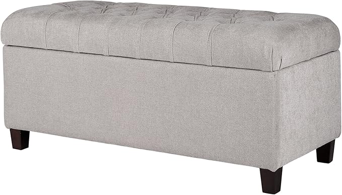 Homepop Home Decor | Tufted Ainsley Button Storage Ottoman Bench with Hinged Lid | Ottoman Bench with Storage for Living Room & Bedroom, Grey