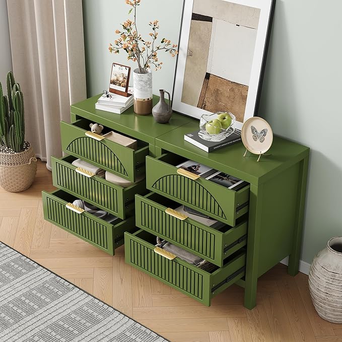 6 Drawer Dresser, Farmhouse Fluted Chest of Drawers, Wooden End Table, Mid- Century Modern Bedroom Nightstand Side Table for Bedrooms, Closets, Hallways, and Entryways, Green X2