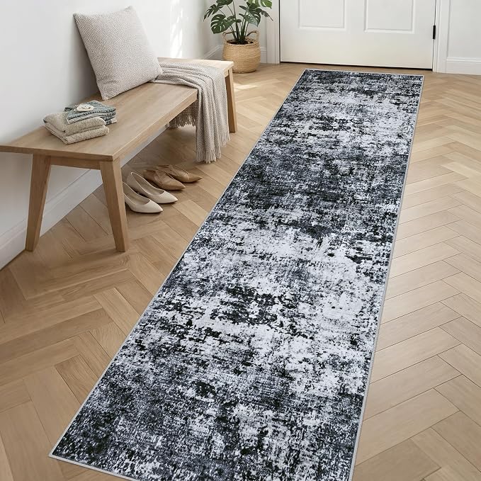2.6'x14' Runner Rug Washable Rug: Modern Abstract Soft Thin Runner Rug Black