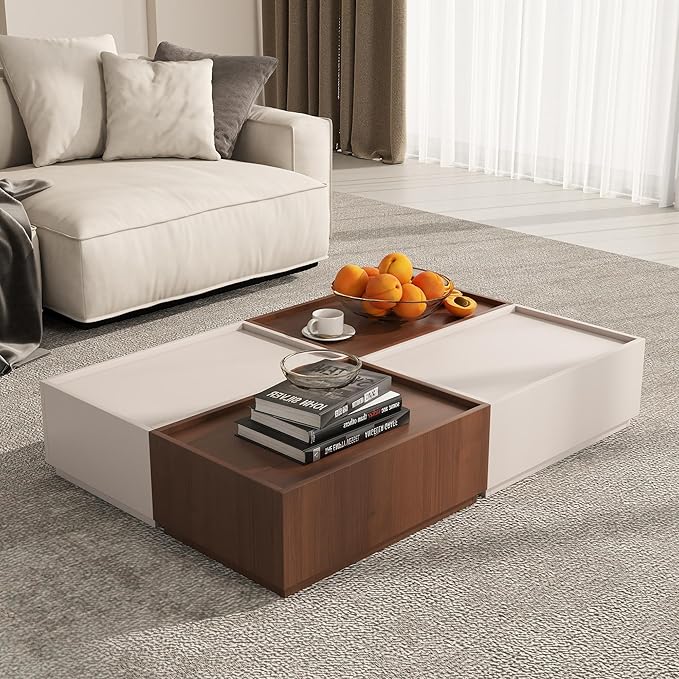 Coffee Table with Storage,Modern Center Table with 4 Hidden Drawers for Living Room,Rectangle Coffee Table for Home Furniture,Bedroom,Beige Gray and Dark Walnut