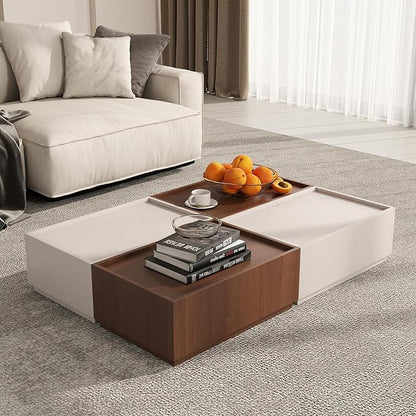 Coffee Table with Storage,Modern Center Table with 4 Hidden Drawers for Living Room,Rectangle Coffee Table for Home Furniture,Bedroom,Beige Gray and Dark Walnut
