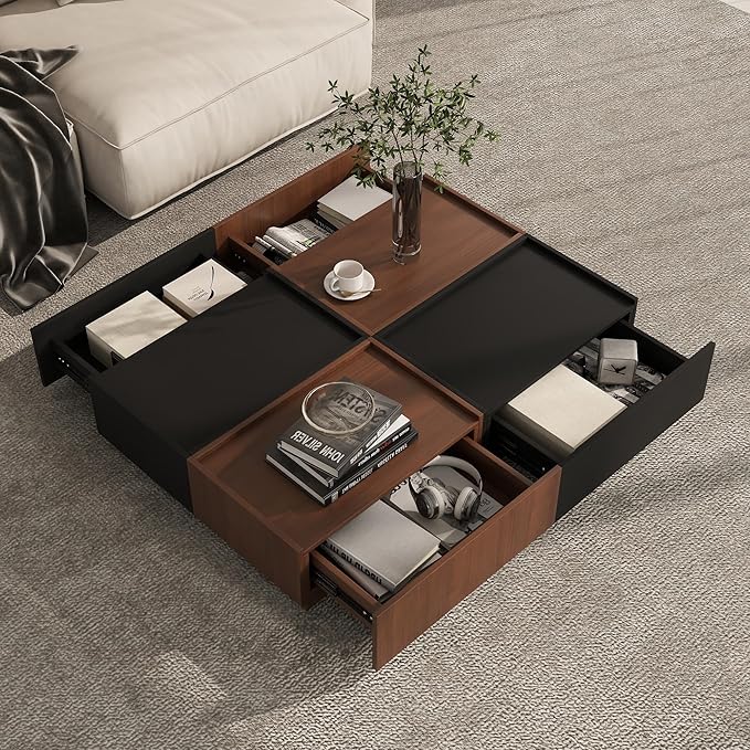 Coffee Table with Storage,Modern Center Table with 4 Hidden Drawers for Living Room,Rectangle Coffee Table for Home Furniture,Bedroom,Dark Walnut and Black