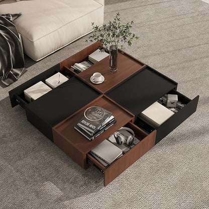 Coffee Table with Storage,Modern Center Table with 4 Hidden Drawers for Living Room,Rectangle Coffee Table for Home Furniture,Bedroom,Dark Walnut and Black