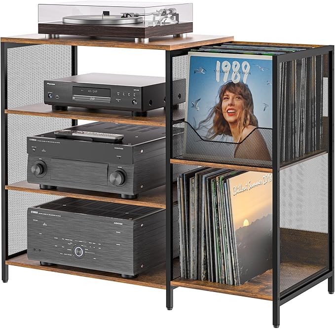 Cottage Charm Large Record Player Stand Table with Vinyl Record Holder Up to 150PCS, AV Media Stand Stereo Cabinet Shelf Rack Tower with Storage, Sturdy, Adjustable Feet, Rustic, Large Capacity