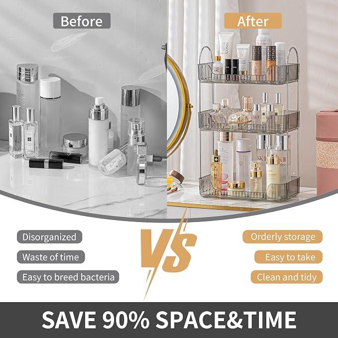 Akinbas 3 Tier Bathroom Organizer Countertop Makeup Perfume Tray Skincare Organizer for Bathroom Dresser Vanity (Grey)