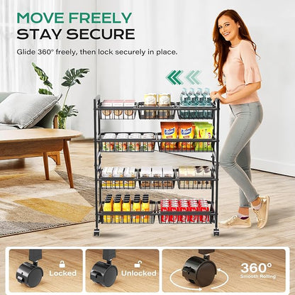 Cinati 4-Tier Snack Cart with Wheels, 29''W Toy Storage Organizer, Rolling Pantry Storage Cart with 10 Wire Baskets & Handle,Adjustable Metal Snack Rack, Kitchen Organizer for Fruit, Vegetables(Black)