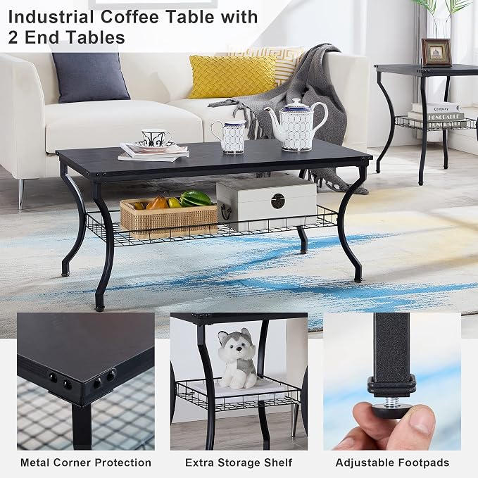 VECELO 3 Pieces Living Room Table Sets, Coffee and End Tables with Open Storage Shelves for Apartment, Home Office, Small Space, Easy Assembly, Black
