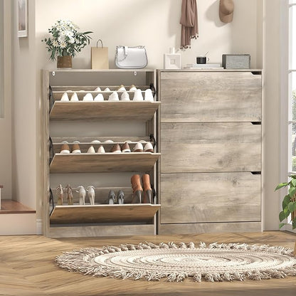 Shoe Cabinet with 3 Flip Drawers, 47" Slim Hidden Wood Shoe Storage Cabinet with Adjustable Shelf, Freestanding Narrow Shoe Rack Organizer for Entryway, Hallway, Grey