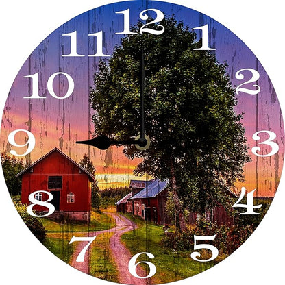 Rural Scenery Wall Clock 10 Inch Silent Non Ticking Battery Operated Wooden Modern Office Simple Minimalist Clock Decorative for Kitchen Home Bathroom Living Room