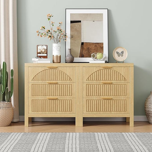 6 Drawer Dresser, Farmhouse Fluted Chest of Drawers, Wooden End Table, Mid- Century Modern Bedroom Nightstand Side Table for Bedrooms, Closets, Hallways, and Entryways, Natural X2