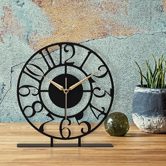 muyika 8.9x9.5 Metal Desk Clock, Black Round Silent Non-Ticking Analog Table Clock, Battery Operated, Decorative Desk and Shelf Clock, Desk Clocks for Living Room Bedroom Kitchen Office School