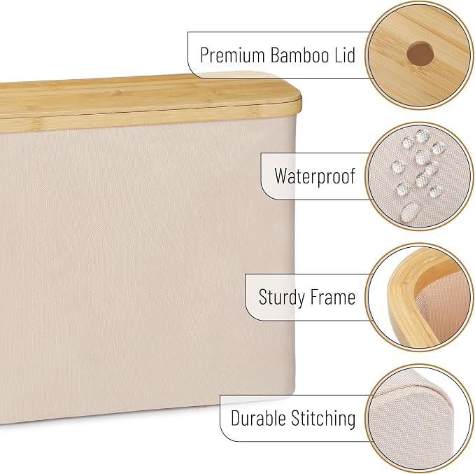 BAMBOO LAND- Toilet Paper Storage with Bamboo Lid for 12 Rolls, Beige, Waterproof Bamboo Toilet Paper Holder Basket