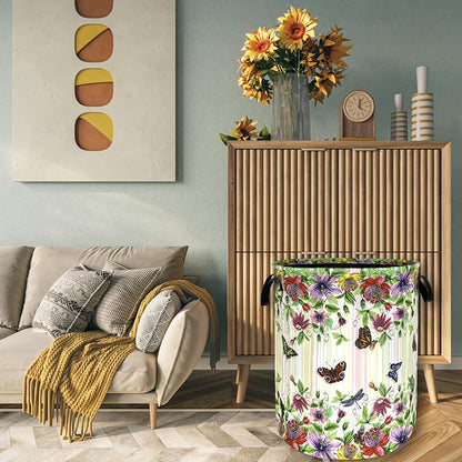 Beautiful Flowers Butterfly Laundry Basket Colorful Floral Laundry Hamper Foldable Oxford Cloth Cute Flower Tote Bag Clothes Toy Storage Bucket For Bathroom/Laundry Storage/Bedroom 18.9 x 16.5 Inch