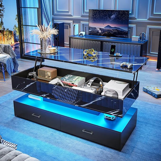 SEDETA 47.2" Lift Top Coffee Table, Coffee Tables with Storage for Living Room, 2 Drawers Coffee Table with Power Outlet & LED Light for Dining Reception Room, High Gloss Black Marble