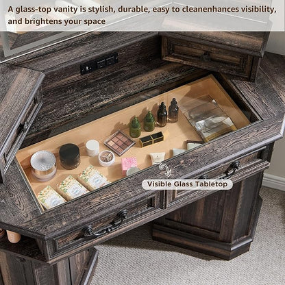 T4TREAM Makeup Vanity Desk 48" with 3 Way Mirror and Lights, Large Farmhouse Corner Vanity Dressing Table with Glass Top & Charging Station, 3 Drawers & 2 Storage Cabinets, Dark Rustic Oak