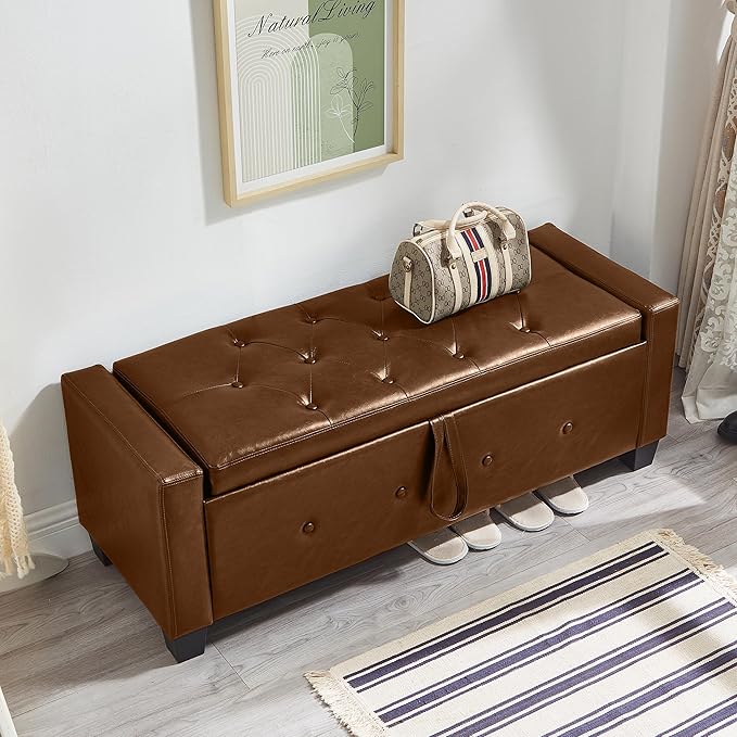Furniliving Storage Bench, 48‘’ Upholstered PU Leather Ottoman Bench with Button-Tufted, Folding Bedroom Bench with Wood Legs, Entryway Bench for Bedroom, Brown