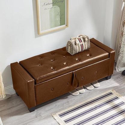 Furniliving Storage Bench, 48‘’ Upholstered PU Leather Ottoman Bench with Button-Tufted, Folding Bedroom Bench with Wood Legs, Entryway Bench for Bedroom, Brown