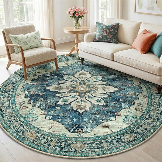 RELEANY Area Rugs Round 6ft Washable Non-Slip, Floral Vintage Distress Medallion Carpet for Living Room Bedroom Dining Room, Dark Blue Vintage