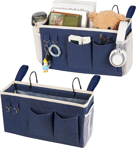 Loghot Bedside Caddy/Bedside Storage Bag Hanging Organizer for Bunk and Hospital Beds,Dorm Rooms Bed Rails,Can be Placed Glasses,Books,Mobile Phones,Keys (2pc Navy Blue)
