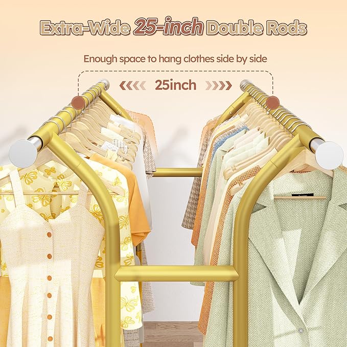 Raybee 74" W Heavy Duty Clothes Rack, Double Rods Gold Clothing Rack Load 630 LBS, Rolling Clothes Racks for Hanging Clothes 400+, Garment Rack with shelves for Bedroom, Laundry Room, Retail Store