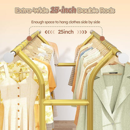 Raybee 74" W Heavy Duty Clothes Rack, Double Rods Gold Clothing Rack Load 630 LBS, Rolling Clothes Racks for Hanging Clothes 400+, Garment Rack with shelves for Bedroom, Laundry Room, Retail Store
