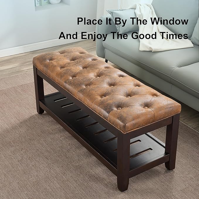 44" Ottoman Bench, Upholstered End of Bed Bench, Oversized Footrest with Wood Shelf torage Storage Bench for Bedroom, Entryway, Living Room, Light Brown(Suede)