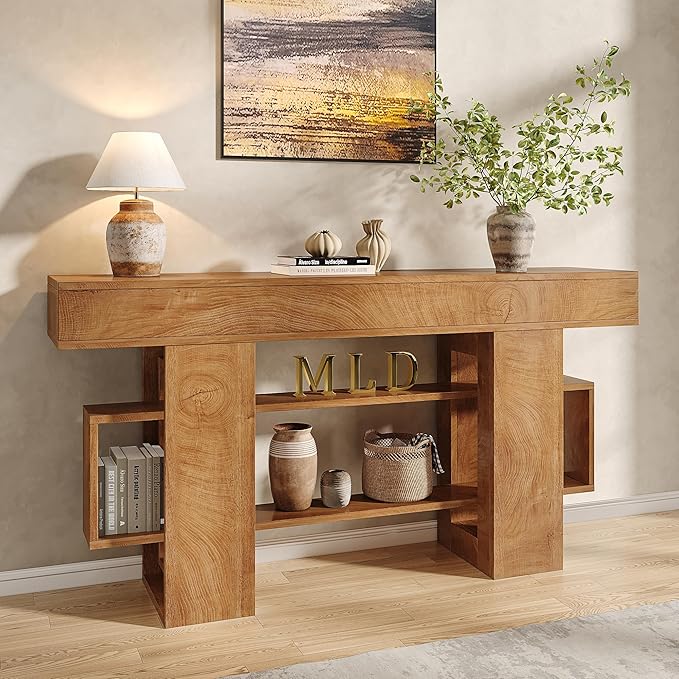 Feonase 63 Inches Long Console Table for Entryway, Wooden Sofa Table Behind Couch with 3-Tier Storage, Farmhouse Narrow Entry Hallway Table for Living Room Foyer Entrance, Natural