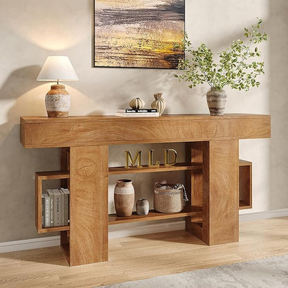 Feonase 63 Inches Long Console Table for Entryway, Wooden Sofa Table Behind Couch with 3-Tier Storage, Farmhouse Narrow Entry Hallway Table for Living Room Foyer Entrance, Natural