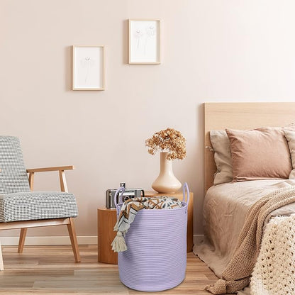 Rope Laundry Basket Hamper for Clothes Woven Storage Basket for Living Room Bedroom Boho Tall Rope Baskets for Blanket Toys Pillow Towels Baby Nursery Hamper Bin Large purple or lavender