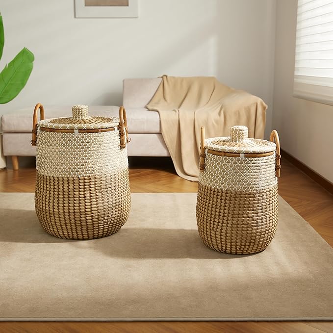 Laundry Baskets Hamper with Handles and Lid,2-Pack Handwoven Natural Seagrass Storage Hamper with Removable Laundry Bag, Toy Clothes Hamper for Home Bedroom, Bathroom, Laundry Room