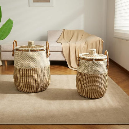 Laundry Baskets Hamper with Handles and Lid,2-Pack Handwoven Natural Seagrass Storage Hamper with Removable Laundry Bag, Toy Clothes Hamper for Home Bedroom, Bathroom, Laundry Room