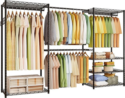 ecobedding Heavy Duty Garment Rack, 900LBS Max Load Freestanding Closet Organizer with 6 Storage Shelves & 3 Adjustable Hanging Rods, Multifunctional (Black, 15.75" D x (69.7~88.2)" W x 79.5" H)