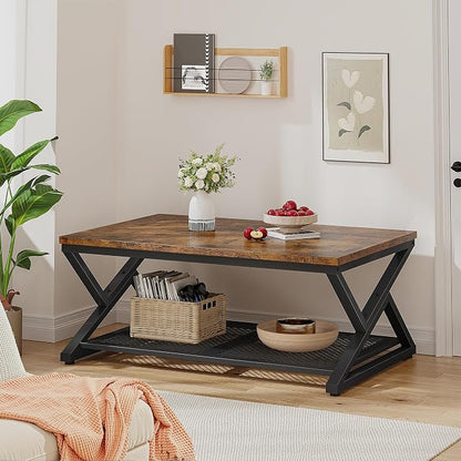 EnHomee Rustic Coffee Table with Storage, Farmhouse Coffee Table with Mesh Shelf, 2 Tier Rectangular Center Table for Living Room, Home Office, 39.4 Inch, Rustic Brown