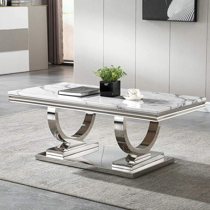 3 Piece Living Room Table Set Include 1 Faux Marble Coffee Table & 1 End Table & 1 Console Table, Modern White Silver Coffee Table Set of 3 with Double O Shape Stainless Steel Pedestal Base